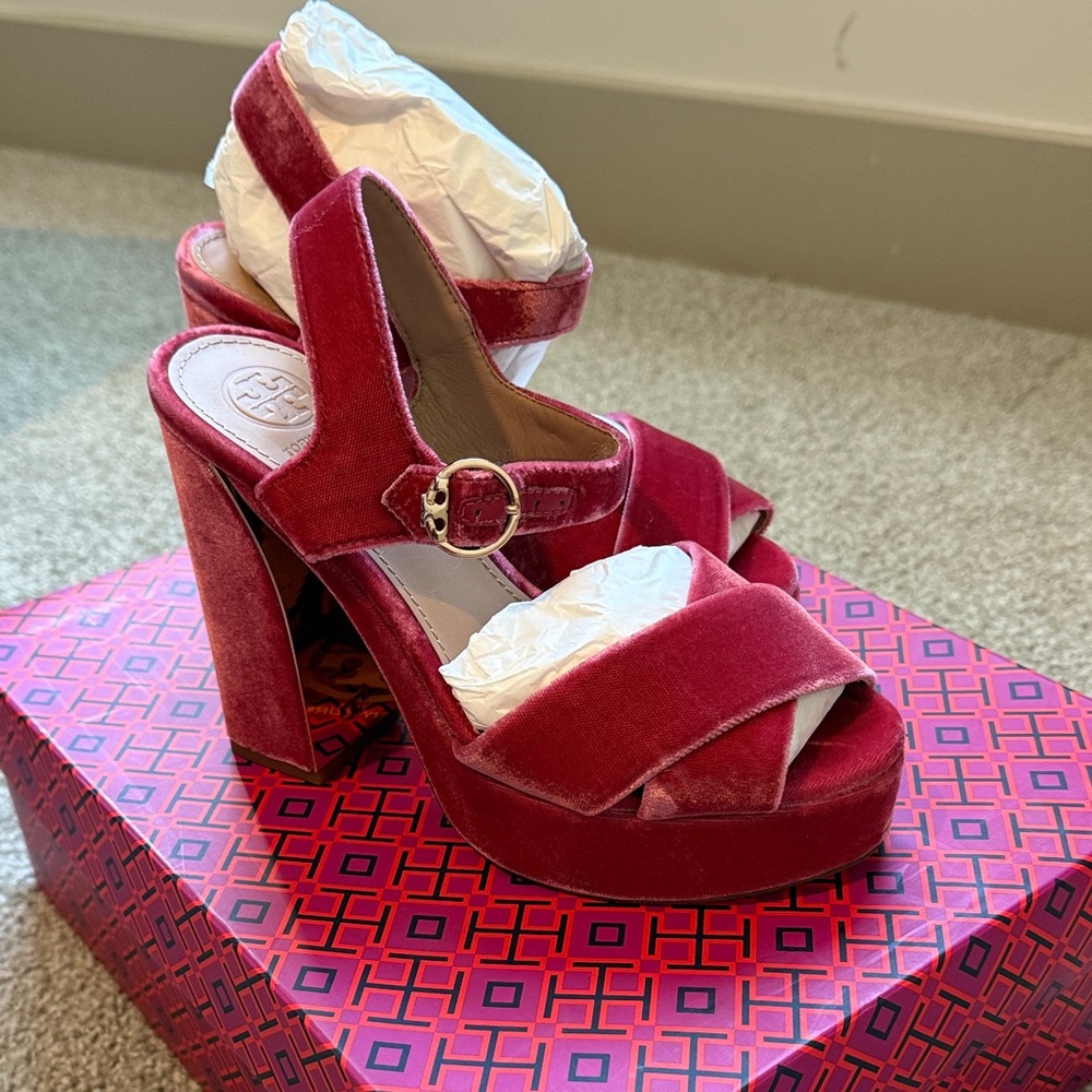 Tory Burch Burgundy Velvet Platform Sandals